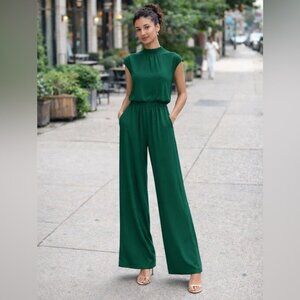 Halara Green Wide Leg Jumpsuit Mock Neck Athleisure Travel Outfit Medium